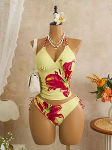 Swim Lushoire New Spring/Summer Lily Print Skirt Tankini Set With Drawstring Side Bottoms, Women's Low Waist Bikini - Multicolor - View 3