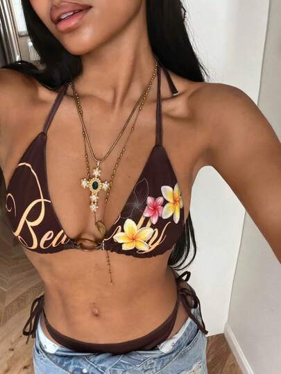 StreetHx 女士棕色两件套，性感露脐上衣饰有圆环和印花图案，适合度假、旅行、海滩、比基尼穿着。