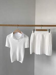 SHEIN Elenzya 2pcs/Set Women's Fashionable Preppy Korean Style 2 In 1 Sweater Top And Pleated Mini Skirt, Slimming, Spring/Summer - White - View 1
