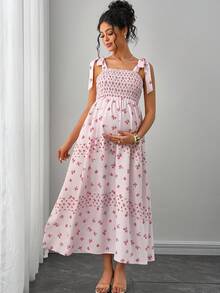 Momance Maternity Ditsy Floral Tie Shoulder Strap Midi Dress - Pink - View 4