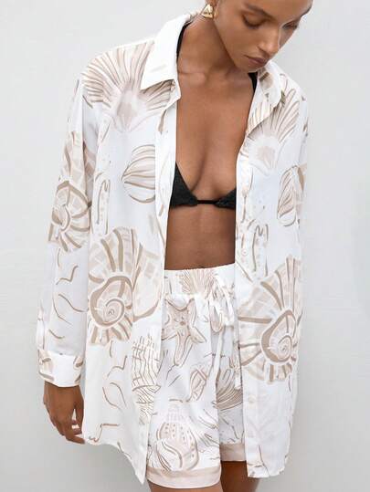 Maija Women's Seashell Print Long Sleeve Button-Up Casual Loose Shirt,Going Out,Casual Blouse For Women,Summer Holiday,Beach Vacation,Summer Holiday,Beach Vacation
