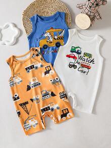 3pcs/Set Newborn Baby Boy/Girl Cute Cartoon & Striped Knit Romper, Summer - Multicolor - View 1