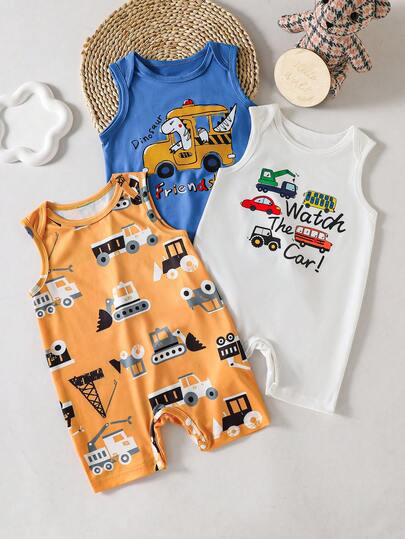 3pcs/Set Newborn Baby Boy/Girl Cute Cartoon & Striped Knit Romper, Summer