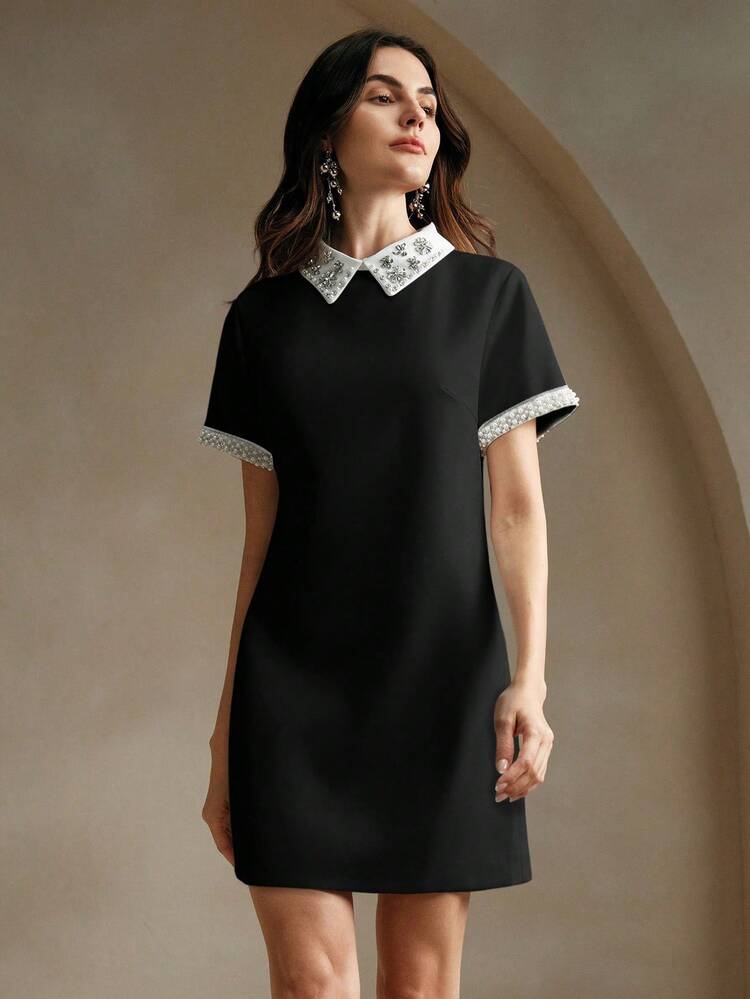 Summer Elegant Contrast Color Block Studded Decorated Dress