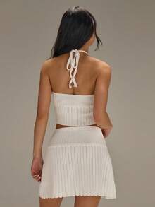 Athîral Women's Casual Vacation Sleeveless Off Shoulder Knitted Vest And Mini Skirt 2-Piece Set, Spring And Summer Wear, White Knitted Set, Date Party Wear, Youthful And Energetic Wear, Daily Wear, Cute And Lively Wear, Holiday Wear - White - View 2