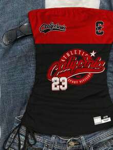 SHEIN EZwear 大码女式字母印花侧抽绳抹胸上衣，适合夏季穿着 - 彩色 - 查看 3