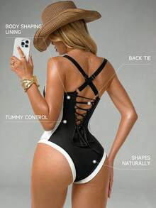 Shapewave Women's Tummy Control One-Piece Swimsuit With Side Splice, Push-Up, Slimming, Brown & Beige - Black and White - View 2