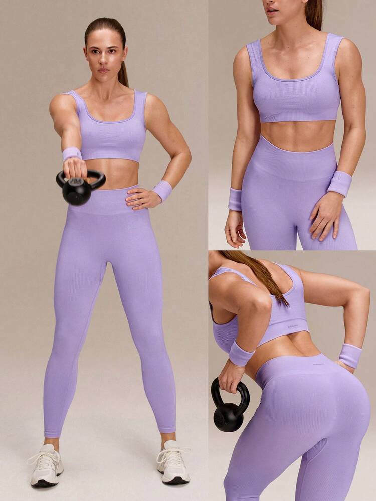 Ultrafine Soft Seamless Square Neckline Removable Cups Ribbed Underbust Sports Bra & 24" Scrunch Butt Lifting Leggings Set Training Running Workout Gym Wear