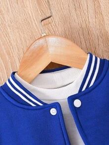 SHEIN Playful Pals 1套男嬰休閒字母印花開襟外套與長褲套裝，保暖內裡，適合秋冬春季返校穿著，藍白條紋小僕男童款 - 藍色 - 查看 6