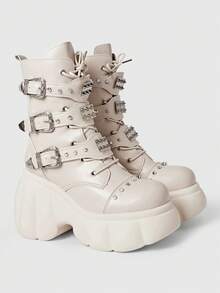 ROMWE Grunge Punk Women Heeled Sandals~ 2025 New Fashion Autumn And Winter Punk Style Beige PU Round Toe Rivet Front Lace-Up Platform Riding Boots Women Small Height Goth Metal Handsome Locomotive Boots Hot Girls Fried Street Small Boots - Beige - View 2