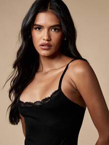 MISSGUIDED Elegant Lace Trim Fitted Bodysuit High Cut Design Adjustable Straps Party Evening Wear Fashion Essential Double Layered - Black - View 2