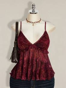 SHEIN ICON Plus Size Women Plant Print Ruffle Hem Camisole Tank Top For Holiday,Rave Top - Burgundy - View 4