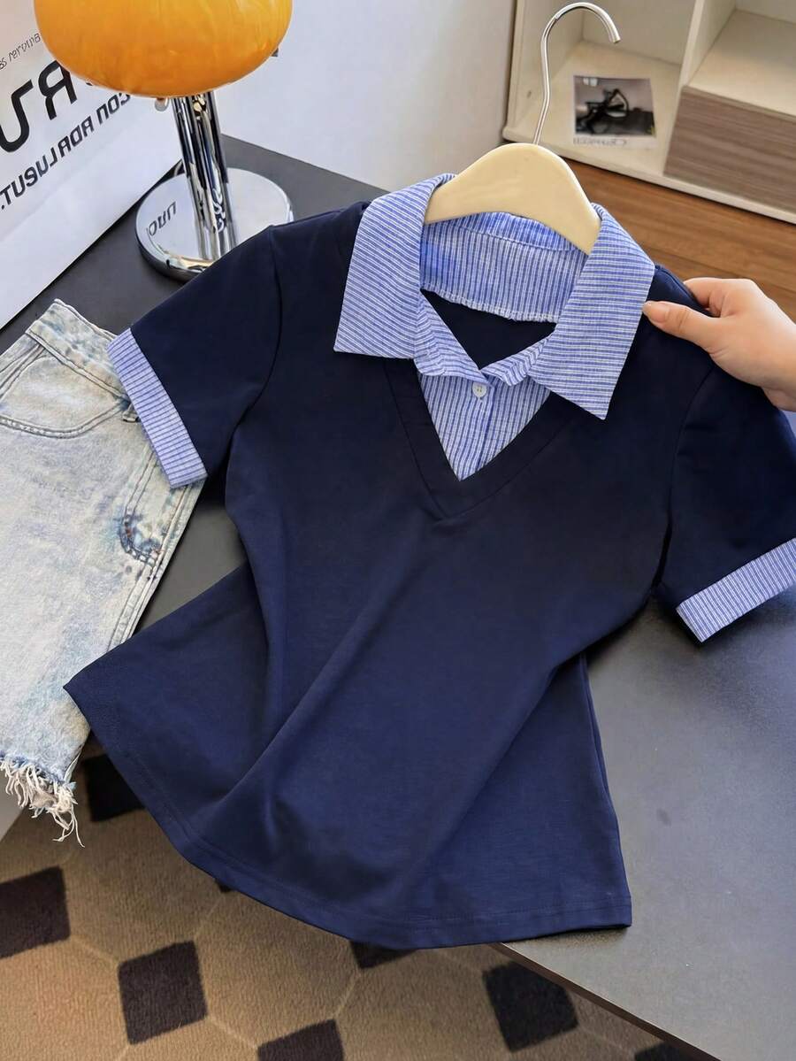 GlowEve Áo thun ngắn tay nữ kẻ sọc phối màu, kiểu dáng thường ngày. - Nhiều màu - Xem 1