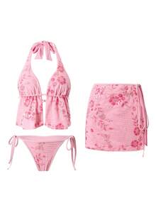 Bonvoyette 3pcs Fashionable Sexy Sequin Embroidered Tankini Swimsuit Cover Up & Skirt Set - Pink - View 4