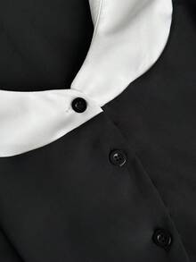 Sunspun 深色撞色哥特式修身梭织衬衫，带领，短袖 - 黑與白 - 查看 7