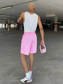 Ngobest Haus Ngobest Haus Men Drawstring Waist Pocket Shorts With Letter And Cartoon Print Summer Baggy Pattern Graffiti Plain Going Out - Pink - View 2
