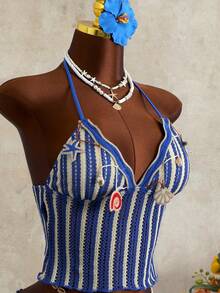 Bellisia Áo bikini mùa hè cho nữ với họa tiết sọc sóng và trang trí vỏ sò, bộ bikini 2 mảnh thời trang đi biển. - Nhiều màu - Xem 5