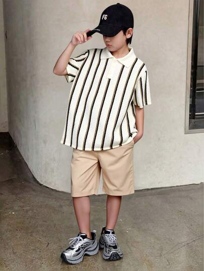 Mirajuku 2pcs/Set Boys' Casual Textured Striped Polo Shirt & Khaki Shorts Set, Comfortable & Stylish For Daily, Commute, School Wear