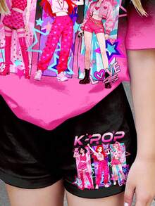 渐变粉色，韩式卡通女孩外出装，K-Pop，可爱卡通女孩组合爱心星星印花图案，少女休闲简约短袖短裤两件套，适合夏季，可爱夏季外出装，夏季单品，夏季外出装备，韩式风格，返校季，轻松舒适又时尚，春夏外出装，休闲装，婴儿印花上衣，夏季新款，春夏时尚 - 彩色 - 查看 4