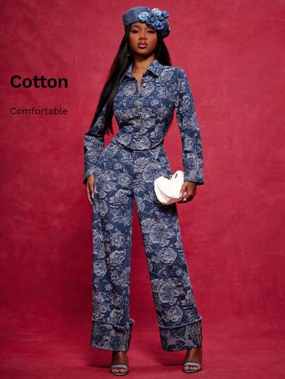 NYA SZN Gabriella Denim Pant High Rise Jean Floral Pattern White Blue Winter Spring Streetwear Everyday Casual Outfits For Women