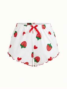 SHEIN Women's Strawberry Print Jacquard Ruffle Trim Camisole & Shorts Pajama Set - White - View 10