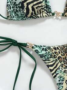 Swim Vcay 随机蛇纹印花三角无钢圈吊带比基尼上衣和侧系带比基尼下装套装，女士夏季海滩度假 - 綠色 - 查看 5