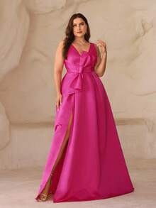 SHEIN Belle Petite Curve Plus Size Petite Fuchsia Deep V-Neck High Slit Asymmetrical Bow Formal Dress,Elegant Evening Gown,Pink,Spring,Formal Party,Prom,Fit For 150-160cm - Hot Pink - View 7