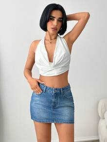 SHEIN Casual Washed Denim Mini Skirt, Summer - Medium Wash - View 3