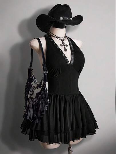 SHEIN ICON 大码露背吊带镂空双层蛋糕裙，低腰吊带裙，Y2K风格，音乐节服装