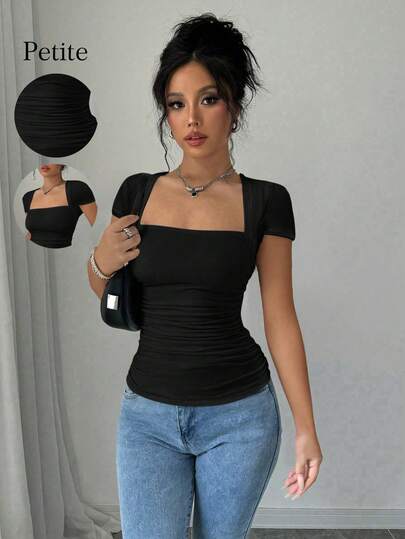 Rafferiza Petite Camiseta ajustada de cuello en U de moda con cintura recogida, camiseta versátil para ir al trabajo, camiseta negra de punto elástico para mujer, camiseta elegante para uso diario en /verano