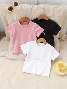 SHEIN Playful Pals 3件套女婴舒适休闲百搭白色、粉色、黑色可爱短袖上衣，春夏款，女童服装，幼儿上衣，适合拍照、日常穿着、返校、外出、居家、度假、送礼 - 彩色 - 查看 1