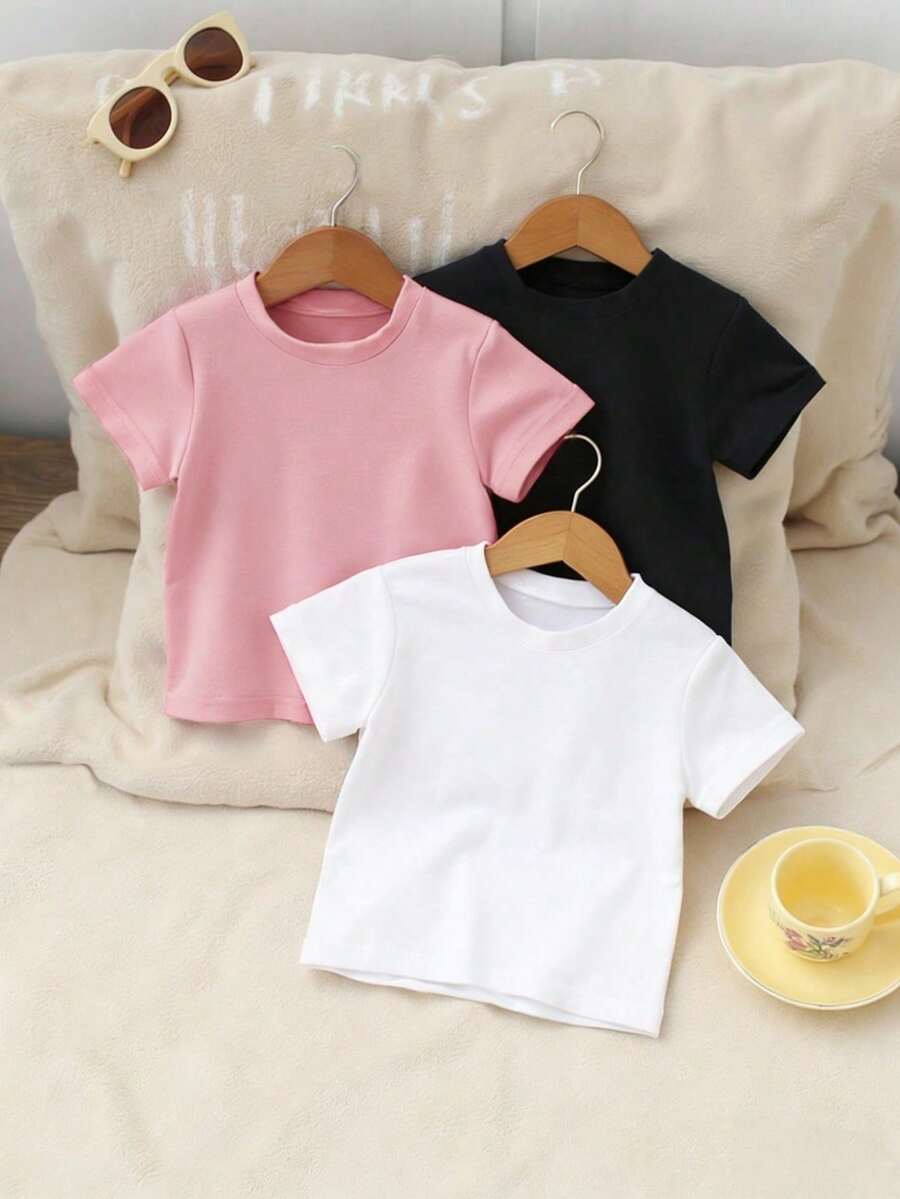 SHEIN Playful Pals 3件套女婴舒适休闲百搭白色、粉色、黑色可爱短袖上衣,春夏款,女童服装,幼儿上衣,适合拍照、日常穿着、返校、外出、居家、度假、送礼 - 彩色 - 查看 1