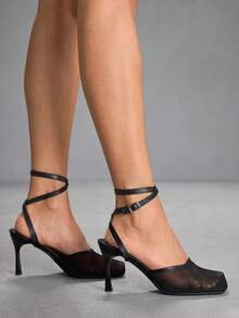 CUCCOO SZL Ladies Black Simple Breathable Mesh Commuter Office Wear Stylish Square Heel High Heel Sandals - Black - View 4