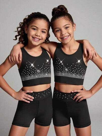 Young Girls' Black Active Set With Colorful Crystal Accents Featuring A High-Neck Sports Top And Matching Shorts, Made From High-Stretch Skin-Friendly Fabric For Maximum Flexibility, Perfect For Gymnastics Practice, Dance Training, And Athletic Performance Rehearsals