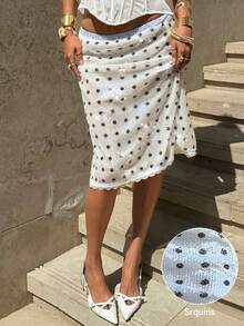 Siren Gaze Women's Elegant Casual White Black Polka Dot Sparkly Sequin Low Waist Side Split Lace Trim Bodycon Midi Skirt, Summer Vacation Holiday Party Night Out Club Outfit White Sequin Skirt Slip Skirt Polka Dot Midi Skirt Sequins Skirt White Polka Dot Skirt - White - View 4