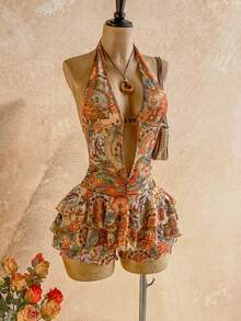 Soleia Bộ áo liền quần nữ in hoa, cổ chữ V khoét sâu, hở lưng, viền bèo nhún, trang phục nghỉ mát gợi cảm. - Nhiều màu - Xem 3