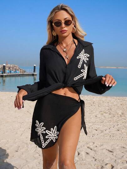 Swim Vcay 跨境新款黑色椰树装饰优雅度假风女士泳裤