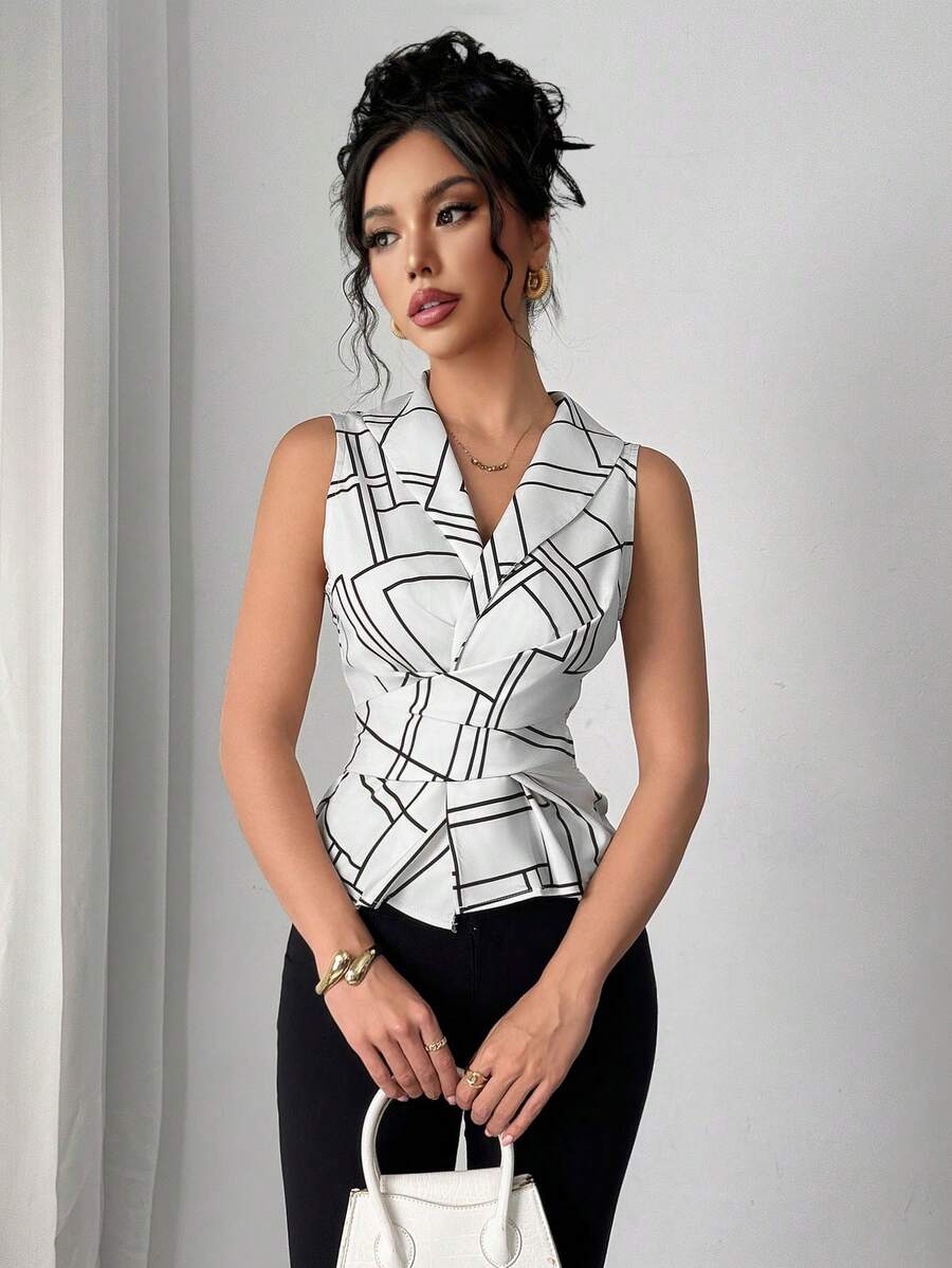 Elenzga Elegant Geometric Print Collared Pleated Sleeveless Blouse - White - View 1