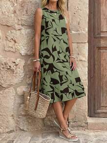 EMERY ROSE 休闲印花无袖圆领A字连衣裙，夏季 - 軍綠色 - 查看 3