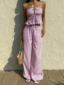 Sunnyshic 2件套女士荷叶边条纹系带抹胸上衣和裤子 - 淺粉色 - 查看 5