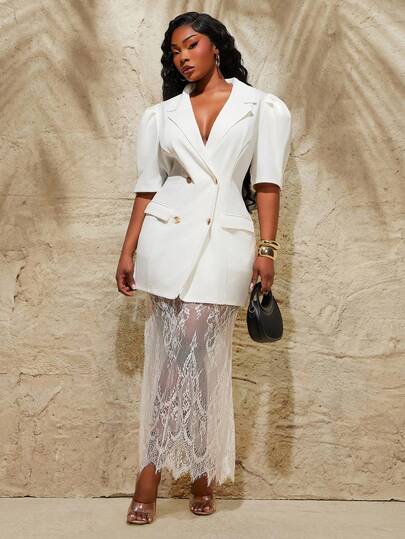 Radiana Plus Size Women's Spring/Summer Fashion Casual Elegant Sexy Puff Sleeve Short Sleeve Waist Cinched Lapel Collar Blazer (With Pockets) And Matching Sheer Lace Skirt Suit Set, Suitable For Urban, Sexy Office Siren Coquettish, Cruise Attire, Commuting, Business, Retro, Vintage, Party, Resort, Outing, Old Money, Richly Layered, Date Night, Gathering, Minimalism, Birthday, Formal Event, Gyaru, Ibiza, Nashville, Break, Modest, Chic, Casual, Shopping, Streetwear, Going Out, Accent Your Body,