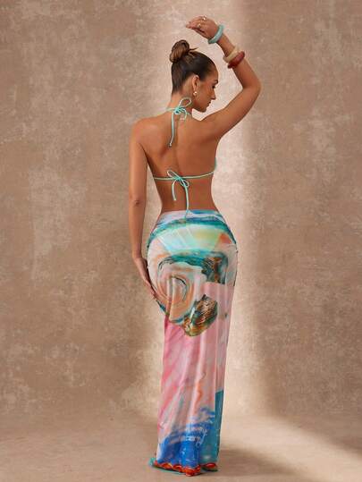 Lumalex Pareo de playa para mujer - Falda maxi de malla transparente con estampado inspirado en el océano, paleta de colores pastel suaves en azul, rosa y coral, cintura ajustable con nudo drapeado, acentos de patrón de borde vertical elegante, tela liviana y semi-transparente, silueta fluida que se ajusta al Body, versátil para resort, crucero y vacaciones como cubridor de traje de baño