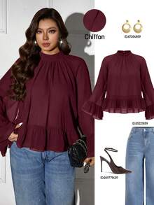 Femmeverse Plus Size Women Layered Ruffle Trim Long Sleeve Casual Top, Elegant Style For Holiday Fall - Burgundy - View 5
