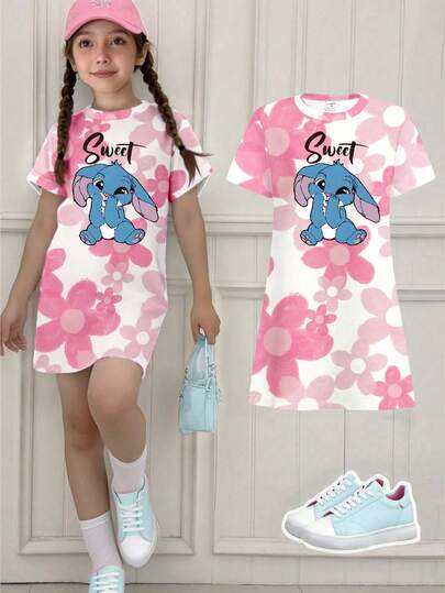 Spring And Summer Girls Casual Fashionable Creative Personalized Refreshing Minimalist Cute Cartoon Blue Rabbit Pink Floral Print Relaxed Short Sleeve T-Shirt Dress, Comfortable Outfit; Cozy Summer And Fall Styles Suitable For Girls, Atmosphere-Enhancing Outfits, Sets