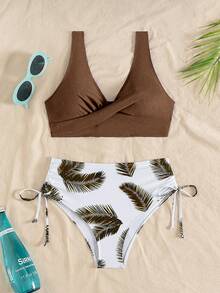 Swim Lushoire Summer Beach Tropical Print Drawstring Side Bikini Set High Waisted Bikini Set - Brown - View 5