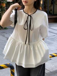 FRIFUL Women's Round Neck Loose Collar Color Block Bow Patchwork Ruffle Hem Blouse Summer - White - View 9