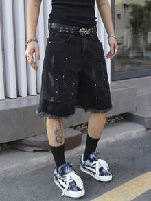 Manfinity EMRG Men's Summer Black Fringe Hem Distressed Loose Denim Shorts - Black - View 6