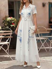 EMERY ROSE Elegant Half-Placket Shirt Dress, French Retro Blue Floral Print, Luxurious Graceful Holiday Dress For Women - Multicolor - View 7