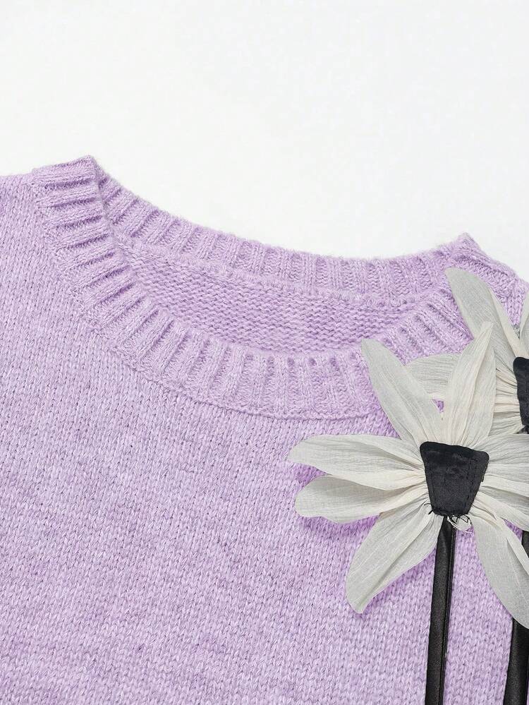 Franclia Autumn/Winter New Loose Floral Design Round Neck Sleeveless Knit Vest Paired With Floral Gray A-Line Knit Midi Skirt, Women 2-Piece Sweater Set Lavender Vest And Skirt Set Lavender Outfit Woman Lavender Two Piece Set Lavender Skirt Set - Lilac Purple - View 8