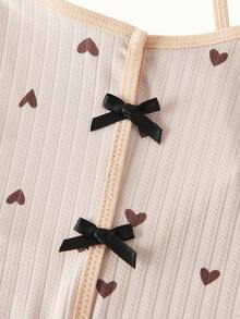 SHEIN Heart Print Lettuce Trim Bow Front Cami Pajama Sleep Top - Apricot - View 3